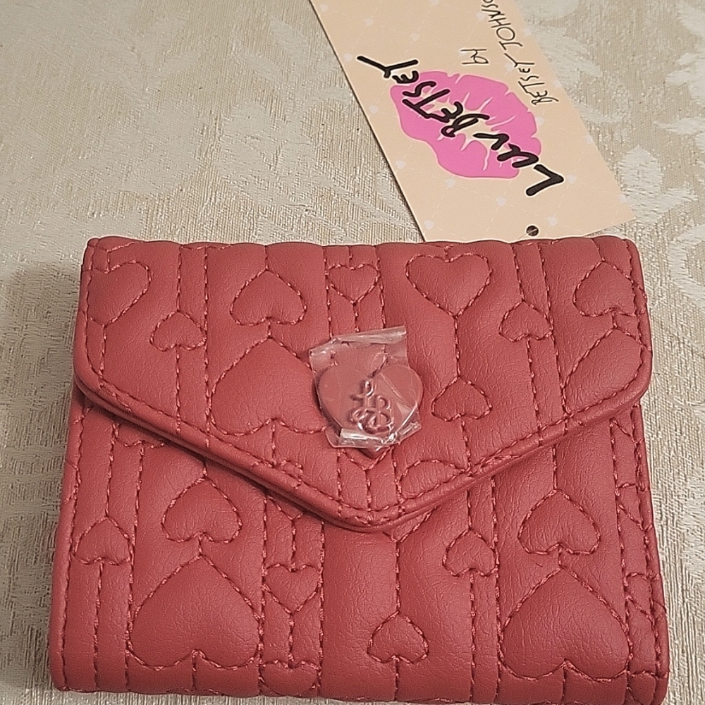 Betsey Johnson Crimson Red Quilted Hearts Bifold Flap Wallet